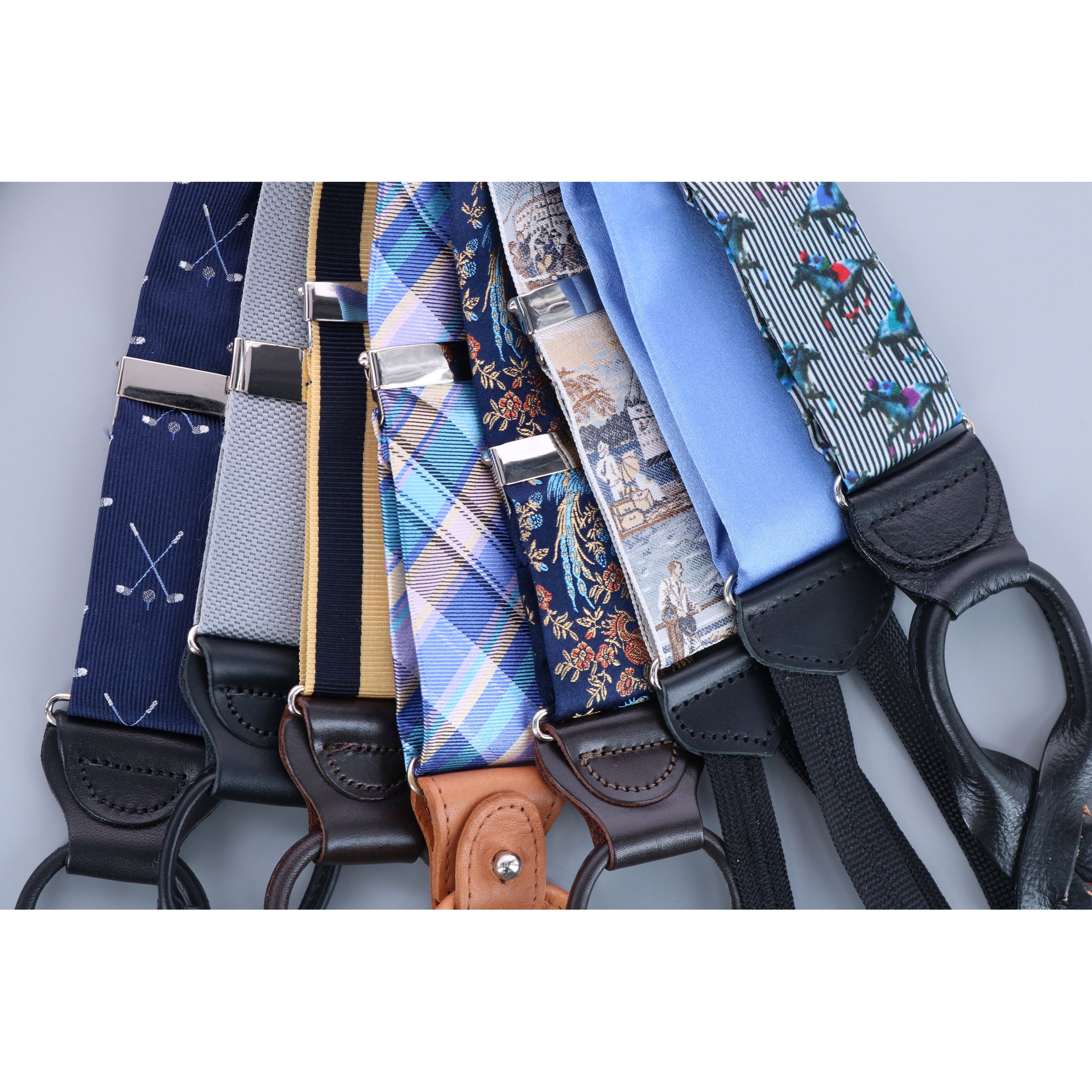 Suspender flat lay of multiple button end braces 