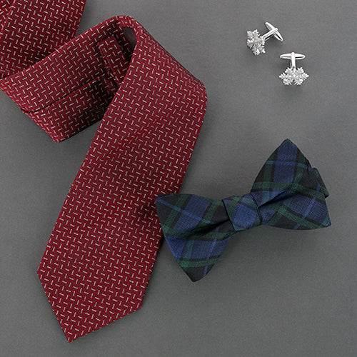 Blue Ives bow tie, snowflake cufflinks, and  Baldwin Metallic Dash Necktie